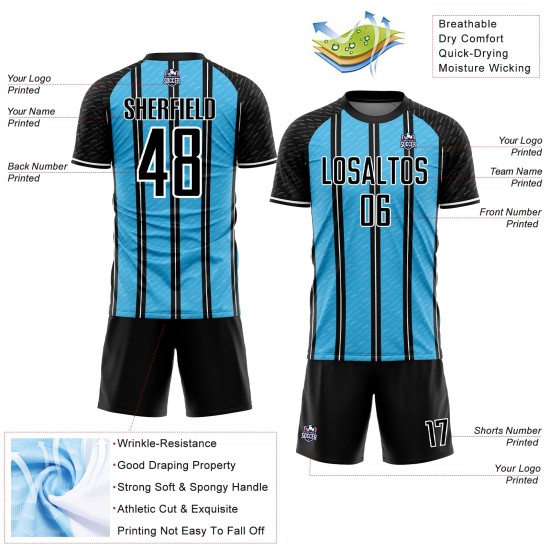 Aangepast zwart hemelsblauw-wit gesublimeerd voetbaltenue-shirt