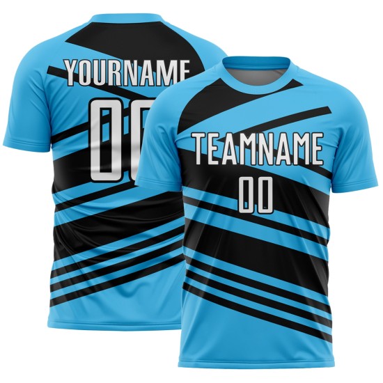 Aangepast hemelsblauw wit-zwart gesublimeerd voetbaltenue-shirt