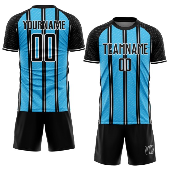 Aangepast zwart hemelsblauw-wit gesublimeerd voetbaltenue-shirt
