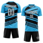 Aangepast hemelsblauw wit-zwart gesublimeerd voetbaltenue-shirt