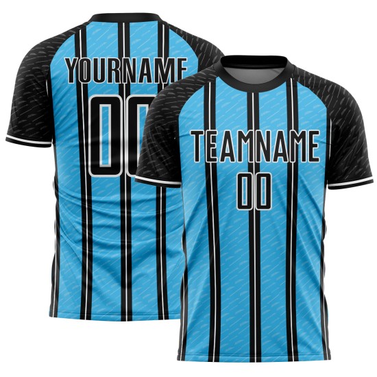 Aangepast zwart hemelsblauw-wit gesublimeerd voetbaltenue-shirt