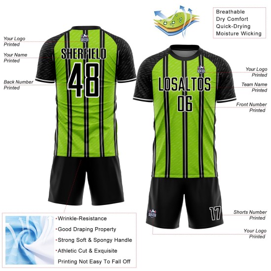 Aangepast zwart neon groen-wit gesublimeerd voetbaltenue-shirt