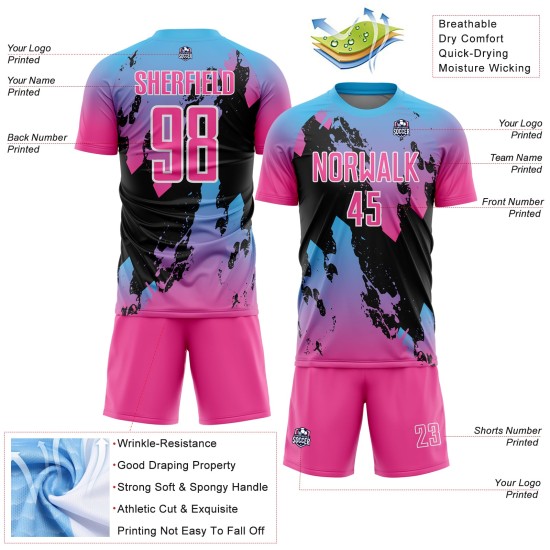 Aangepast roze hemelsblauw-zwart spatten sublimatie voetbaltenue shirt