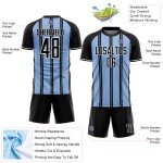 Aangepast zwart lichtblauw-wit gesublimeerd voetbaltenue-shirt