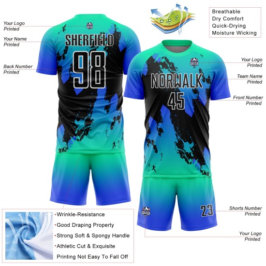 Aangepast Aqua Zwart-Donderblauw Splash Sublimatie Voetbaltenue Jersey
