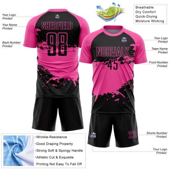 Aangepast zwart roze-wit sublimatie voetbaltenue shirt