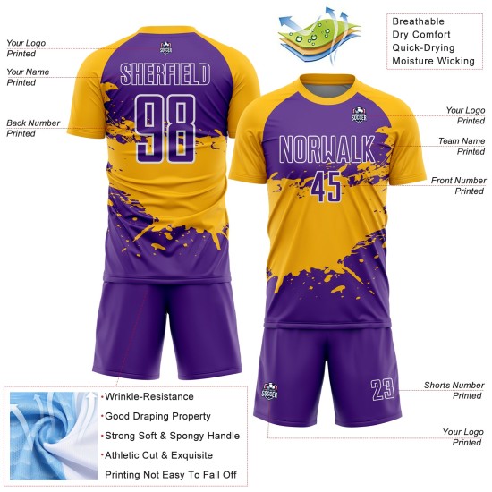 Aangepast paars goud-wit spatten sublimatie voetbaltenue shirt